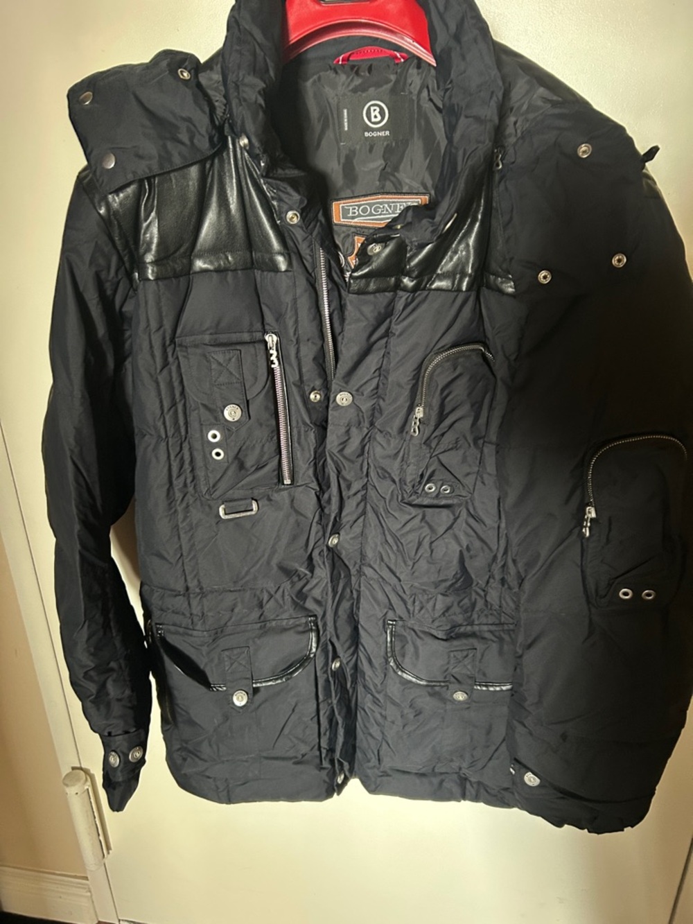 Bogner Men's Black Quilted Hooded Parka with Leather-Look Yoke